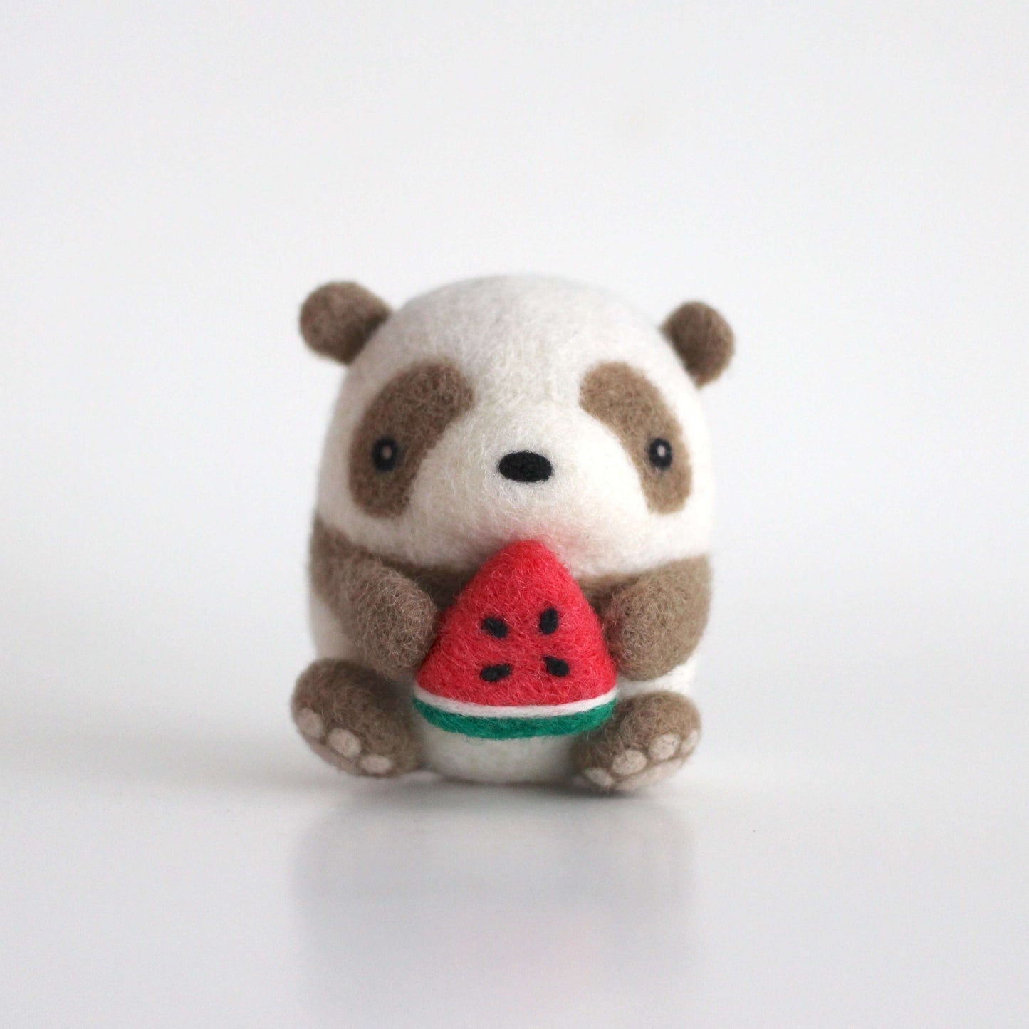 Needle Felted Brown Panda holding Watermelon