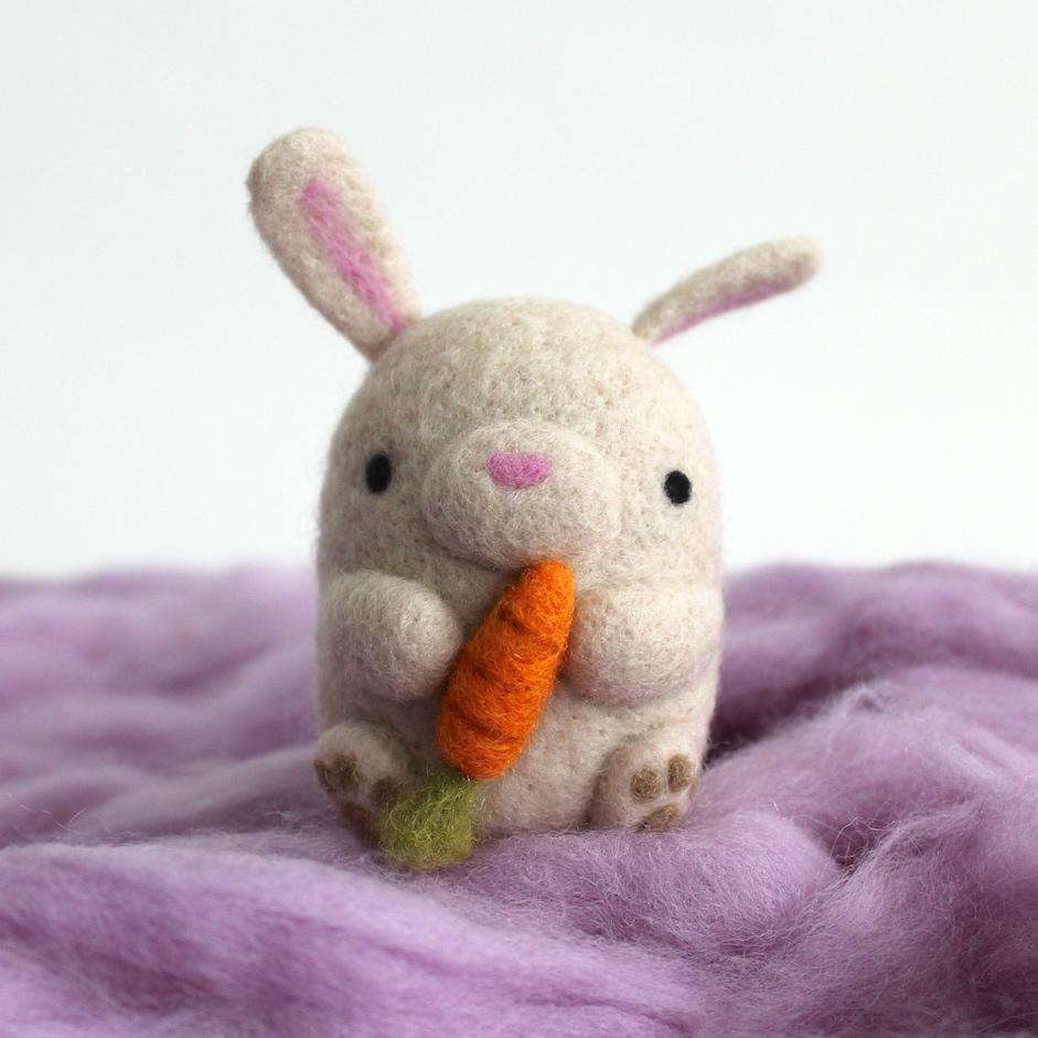 Needle Felted Bunny holding Carrot by Wild Whimsy Woolies