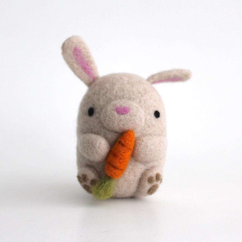 Needle Felted Bunny holding Carrot by Wild Whimsy Woolies