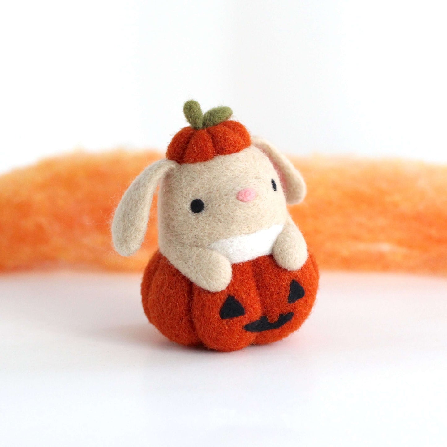 Needle Felted Bunny in Jack-o'-Lantern