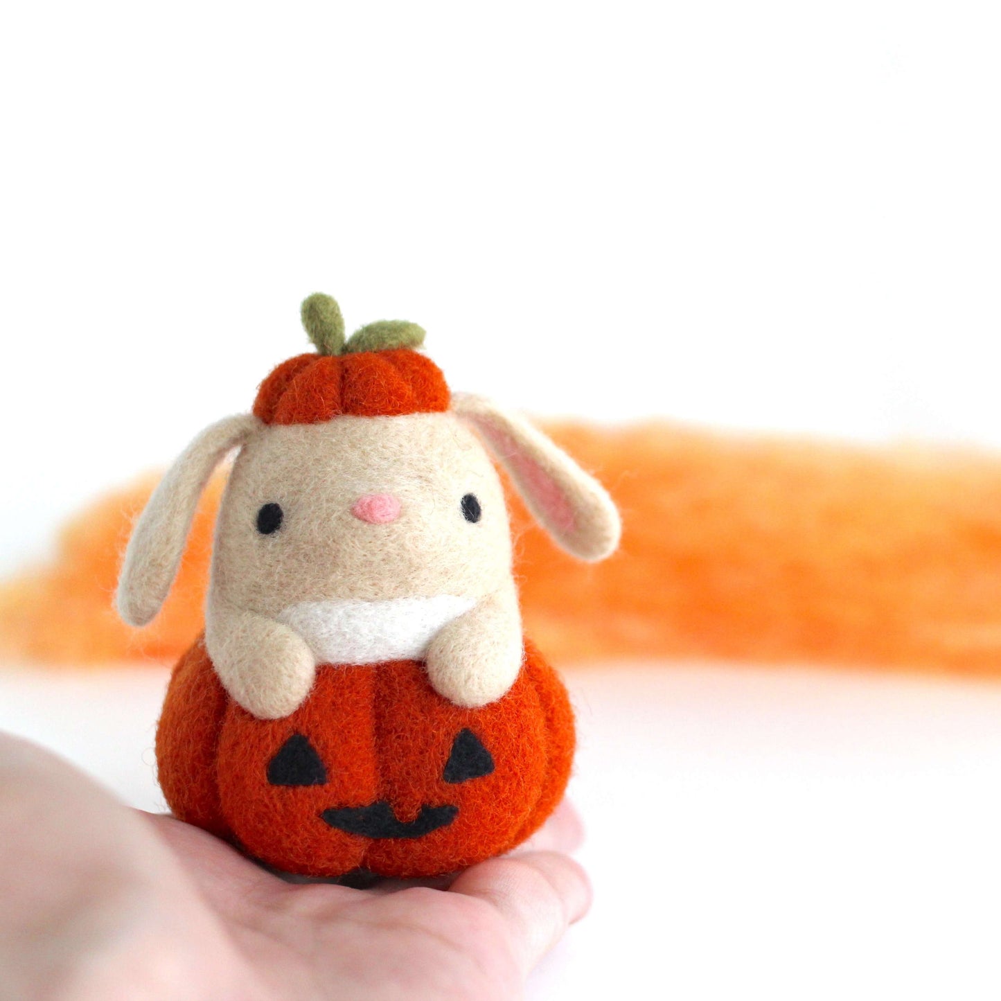 Needle Felted Bunny in Jack-o'-Lantern