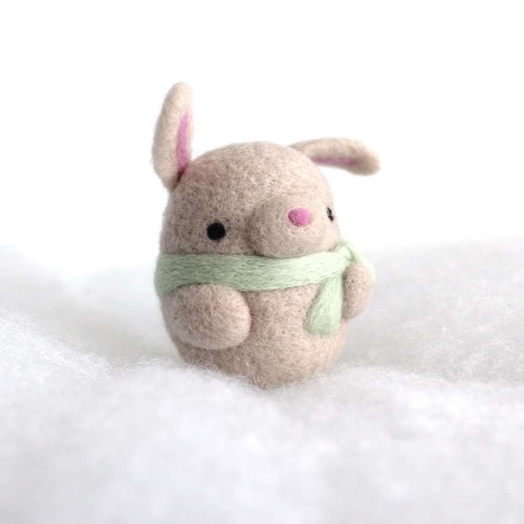 Needle Felted Bunny Ornament (Beige w/ Mint Scarf)