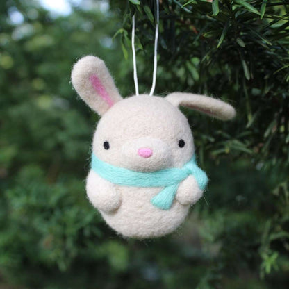 Needle Felted Bunny Ornament (Beige w/ Turquoise Scarf) by Wild Whimsy Woolies