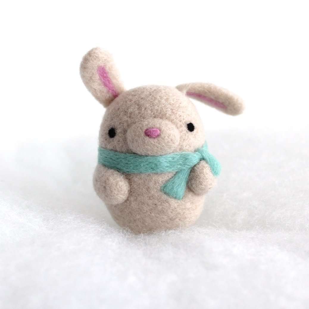 Needle Felted Bunny Ornament (Beige w/ Turquoise Scarf) by Wild Whimsy Woolies