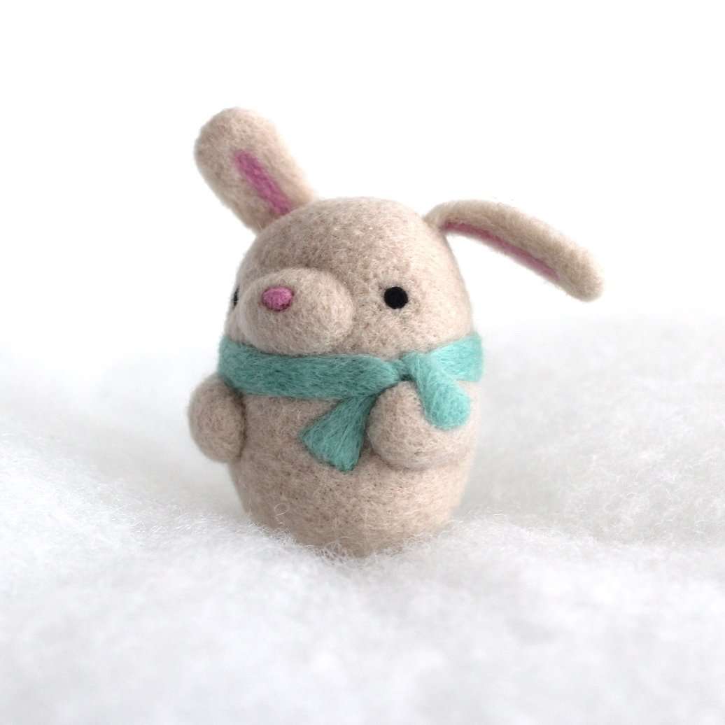 Needle Felted Bunny Ornament (Beige w/ Turquoise Scarf)