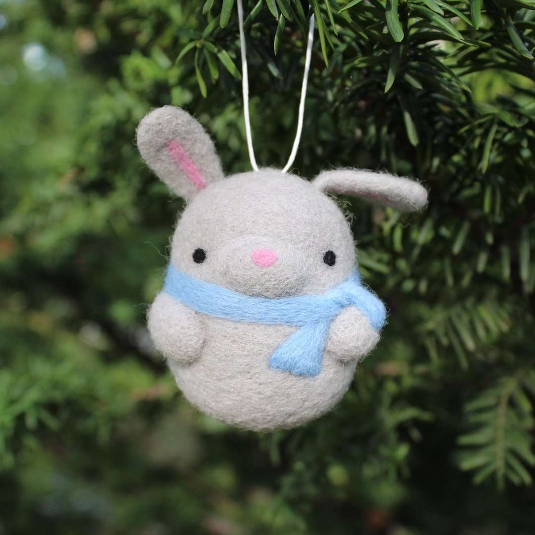 Needle Felted Bunny Ornament (Grey w/ Blue Scarf) by Wild Whimsy Woolies
