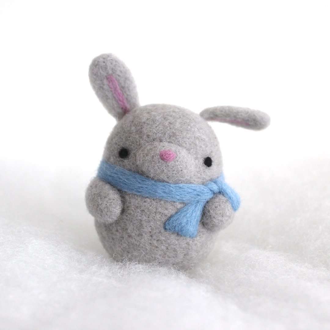 Needle Felted Bunny Ornament (Grey w/ Blue Scarf)