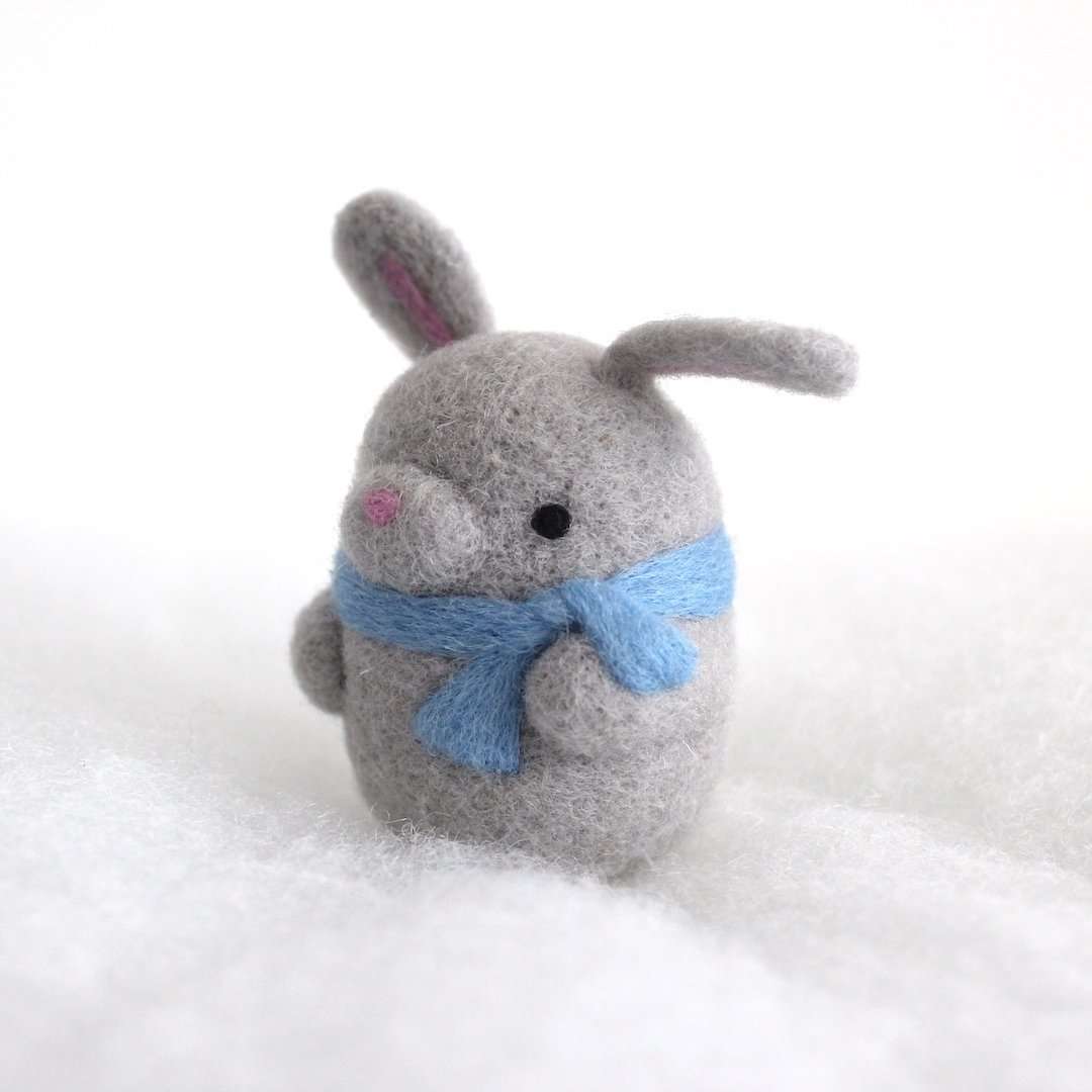 Needle Felted Bunny Ornament (Grey w/ Blue Scarf)