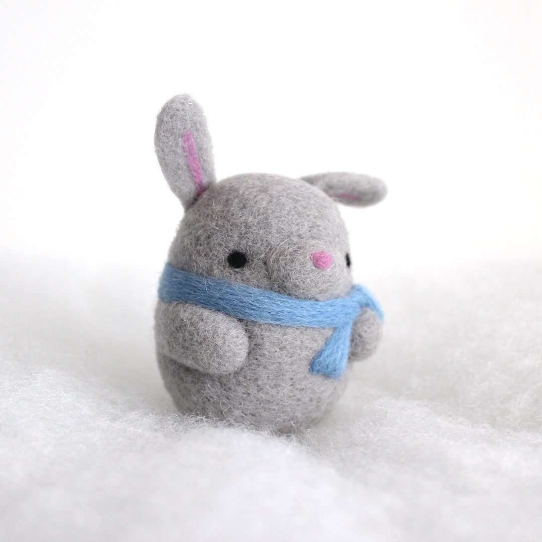 Needle Felted Bunny Ornament (Grey w/ Blue Scarf) by Wild Whimsy Woolies
