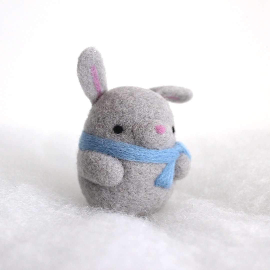 Needle Felted Bunny Ornament (Grey w/ Blue Scarf)