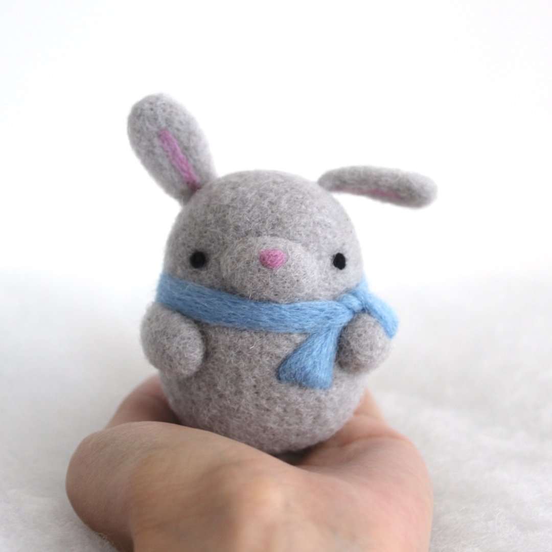 Needle Felted Bunny Ornament (Grey w/ Blue Scarf)