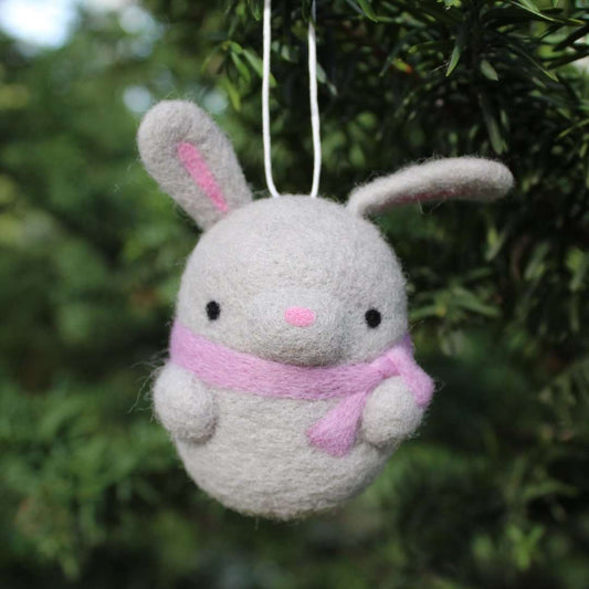 Needle Felted Bunny Ornament (Grey w/ Purple Scarf)
