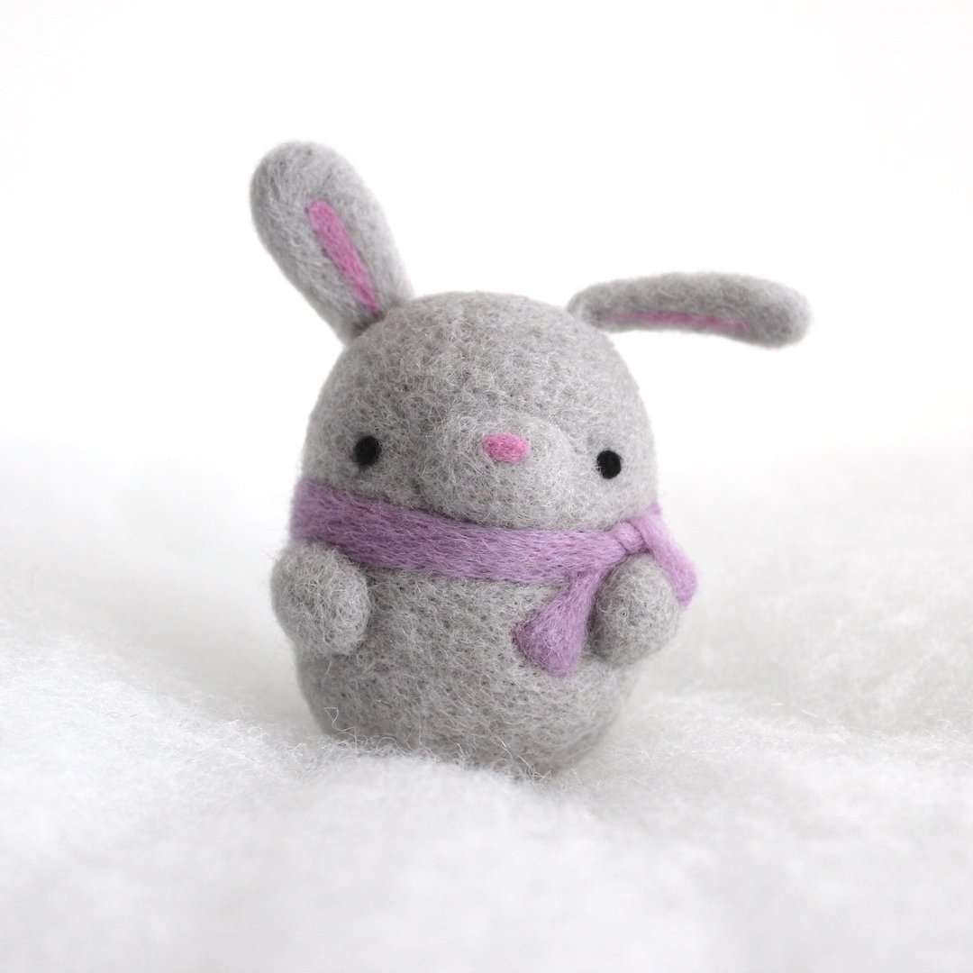 Needle Felted Bunny Ornament (Grey w/ Purple Scarf) by Wild Whimsy Woolies