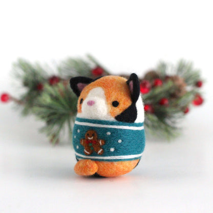 Needle Felted Calico Cat in Gingerbread Christmas Sweater
