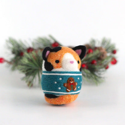 Needle Felted Calico Cat in Gingerbread Christmas Sweater
