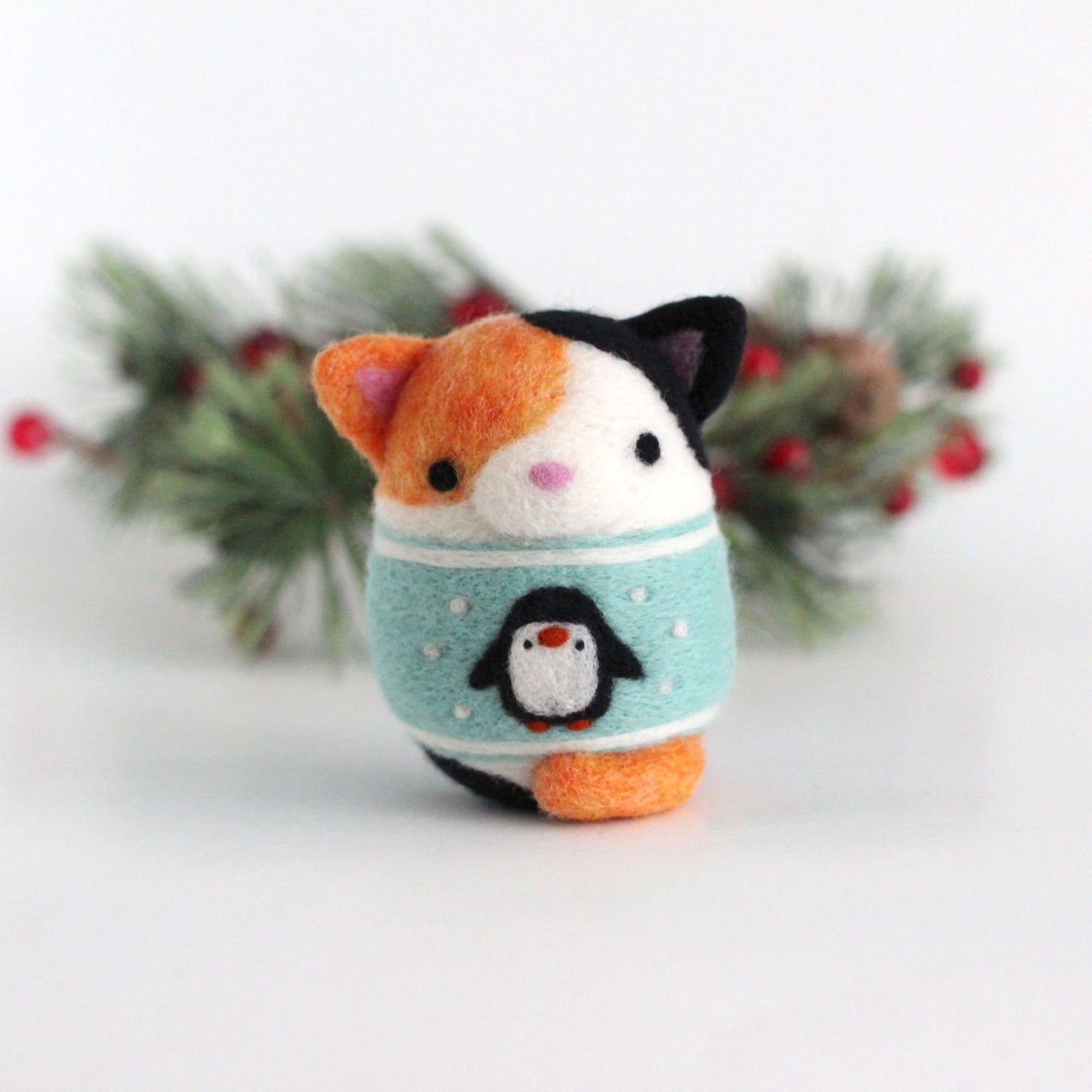 Needle Felted Calico Cat in Penguin Christmas Sweater by Wild Whimsy Woolies