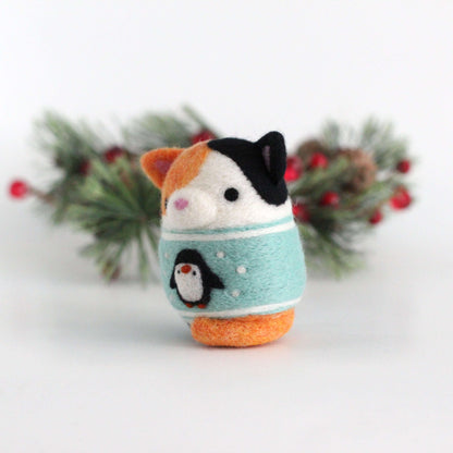 Needle Felted Calico Cat in Penguin Christmas Sweater