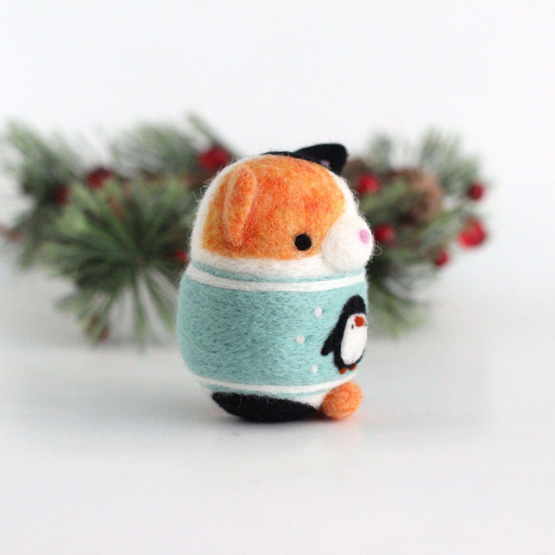 Needle Felted Calico Cat in Penguin Christmas Sweater