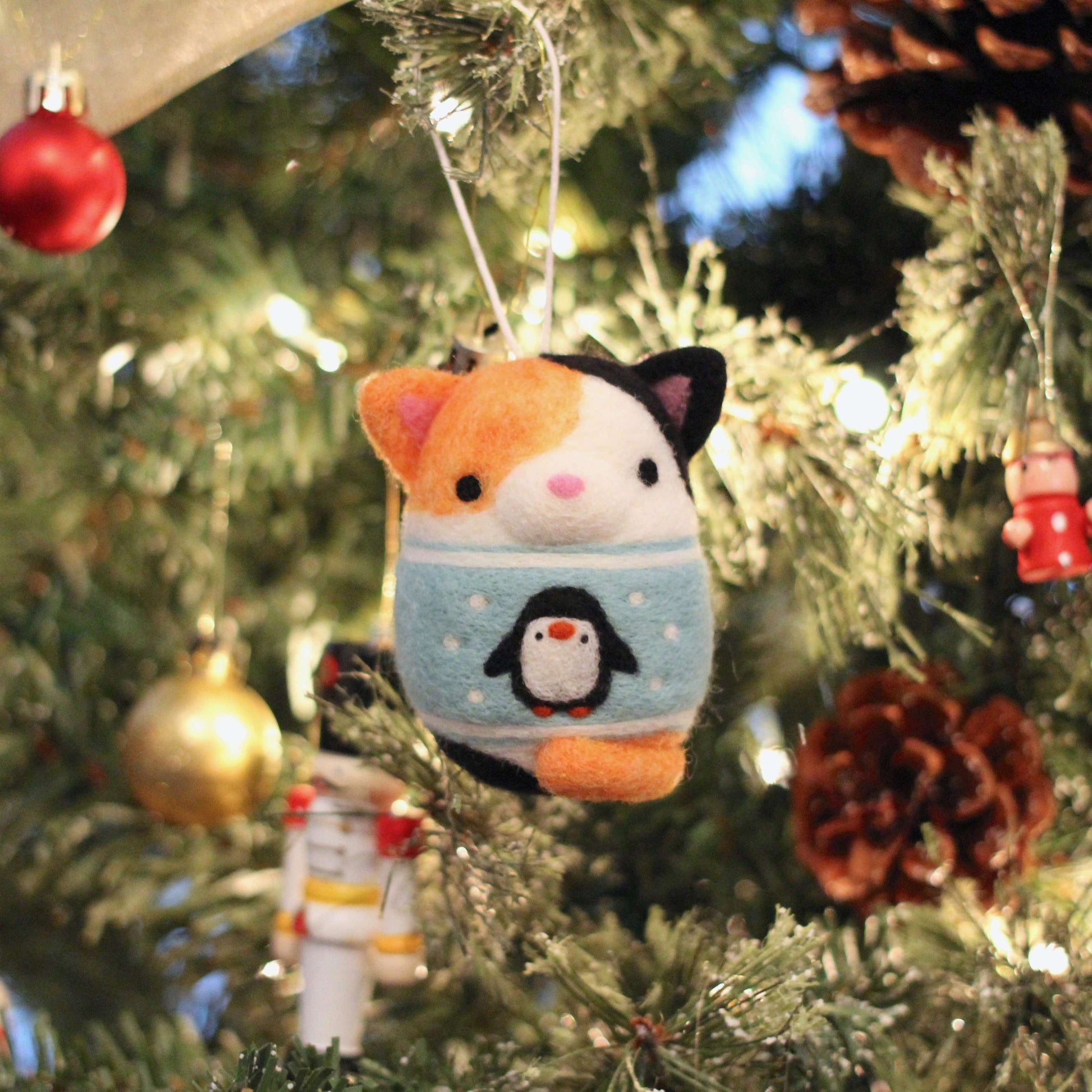 Needle Felted Calico Cat in Penguin Christmas Sweater by Wild Whimsy Woolies