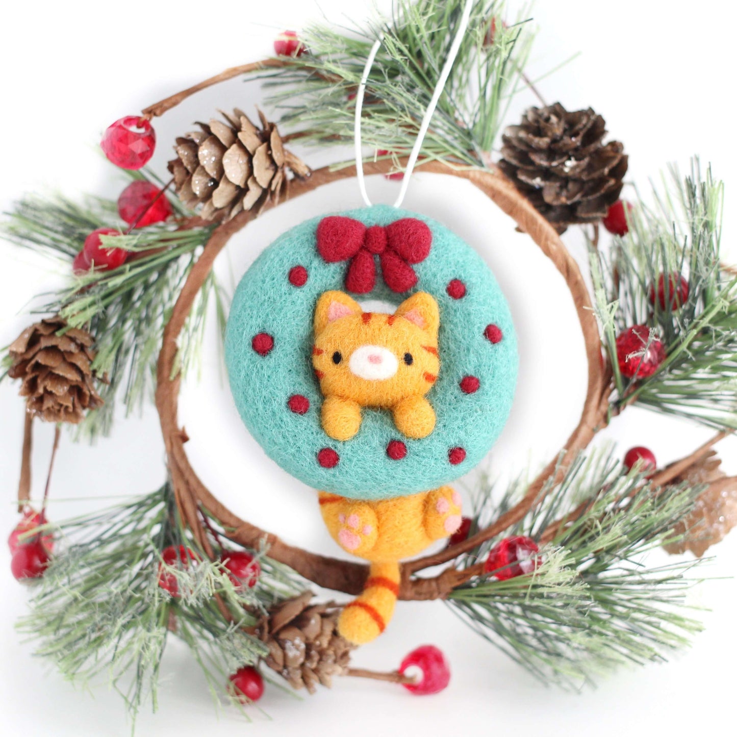 Needle Felted Cat in Christmas Wreath by Wild Whimsy Woolies