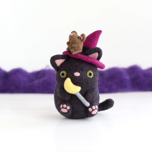 Needle Felted Cat Witch with Mouse Familiar