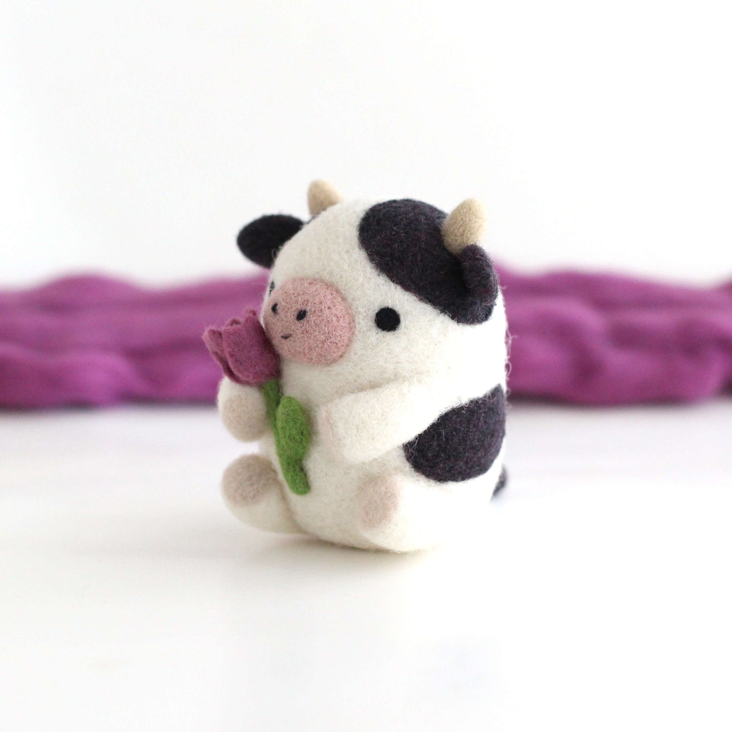 Needle Felted Cow holding Tulip by Wild Whimsy Woolies