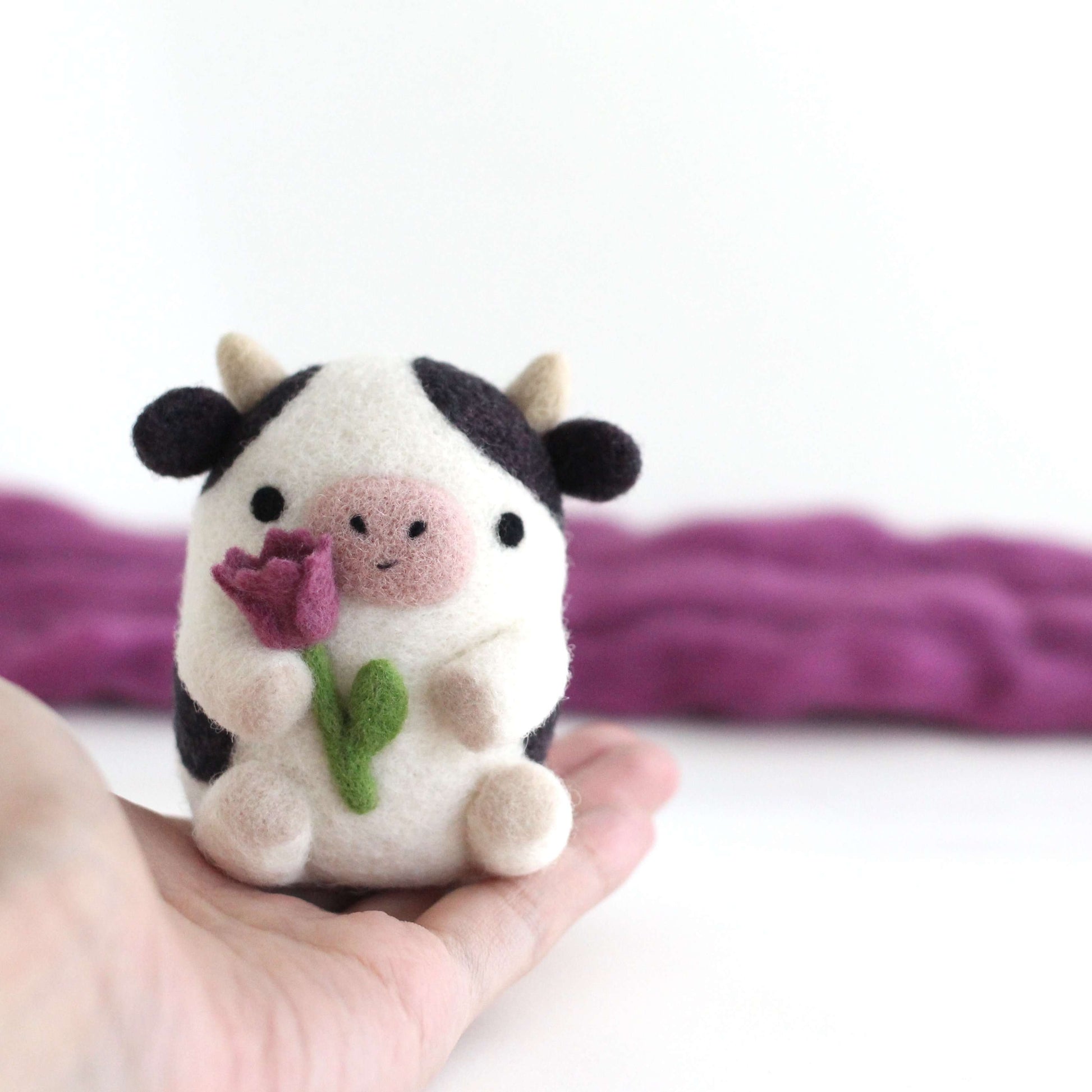 Needle Felted Cow holding Tulip by Wild Whimsy Woolies