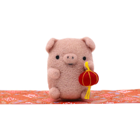 Needle Felted Dusty Pink Pig with Lantern