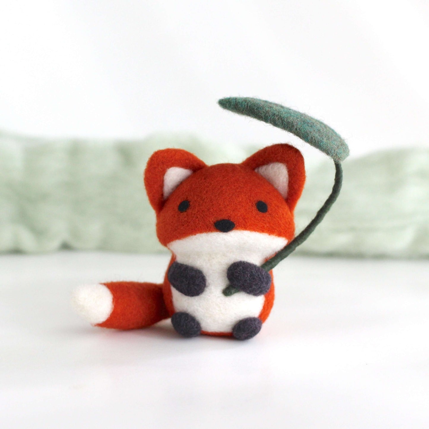 Needle Felted Fox Holding Leaf Umbrella