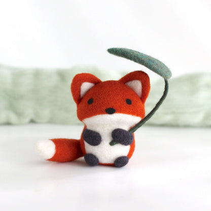 Needle Felted Fox Holding Leaf Umbrella by Wild Whimsy Woolies