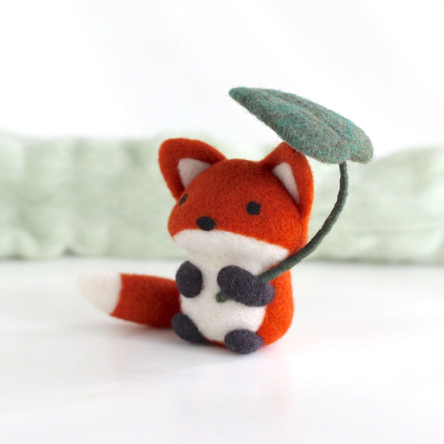 Needle Felted Fox Holding Leaf Umbrella