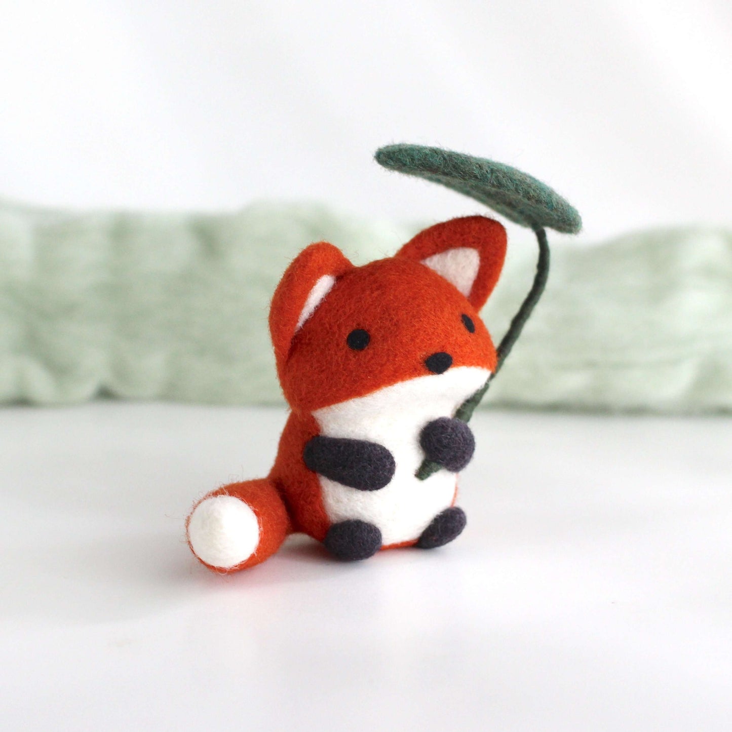 Needle Felted Fox Holding Leaf Umbrella by Wild Whimsy Woolies