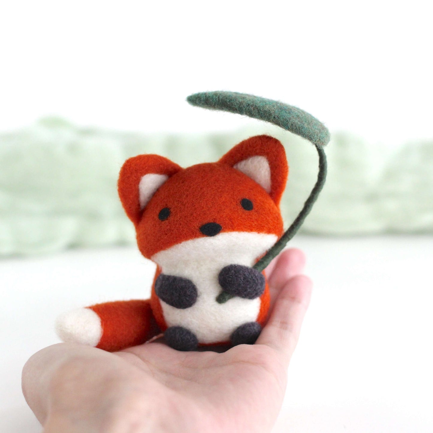 Needle Felted Fox Holding Leaf Umbrella