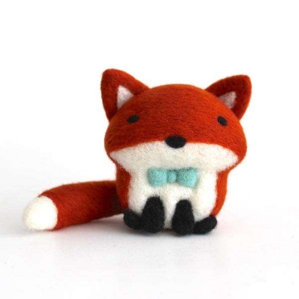 Needle Felted Fox w/ Aqua Bow Tie