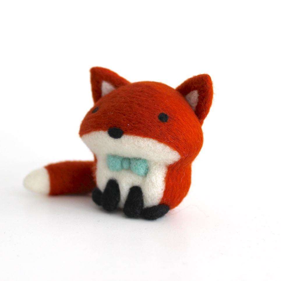 Needle Felted Fox w/ Aqua Bow Tie