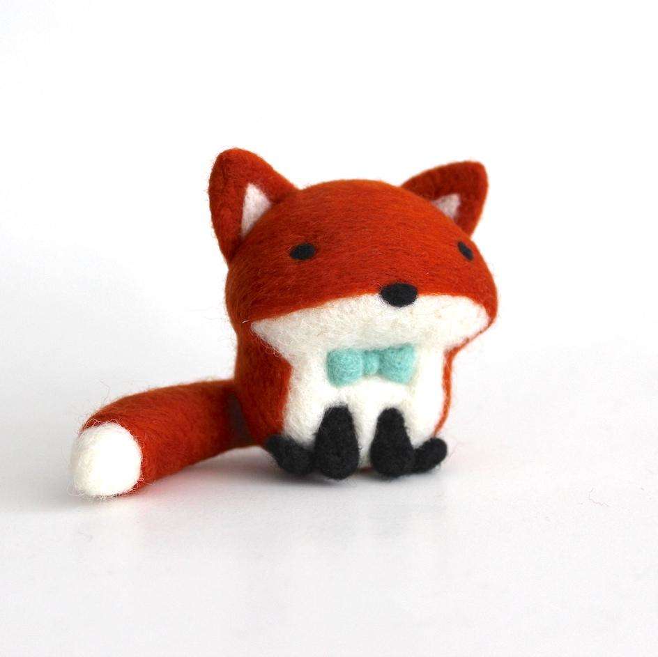 Needle Felted Fox w/ Aqua Bow Tie by Wild Whimsy Woolies