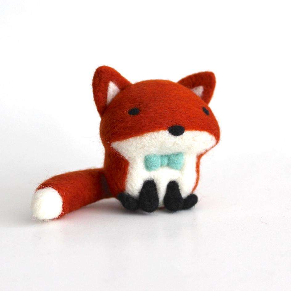 Needle Felted Fox w/ Aqua Bow Tie