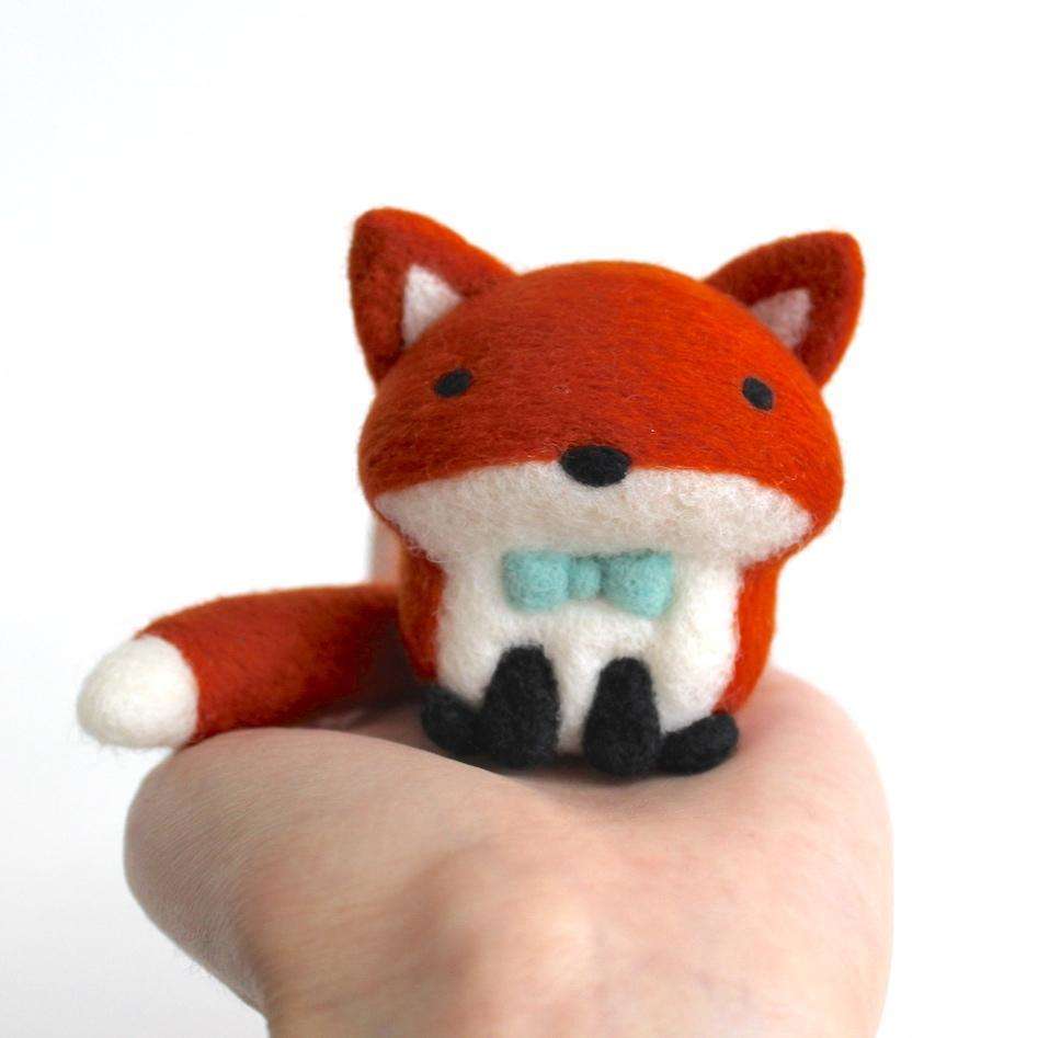 Needle Felted Fox w/ Aqua Bow Tie by Wild Whimsy Woolies