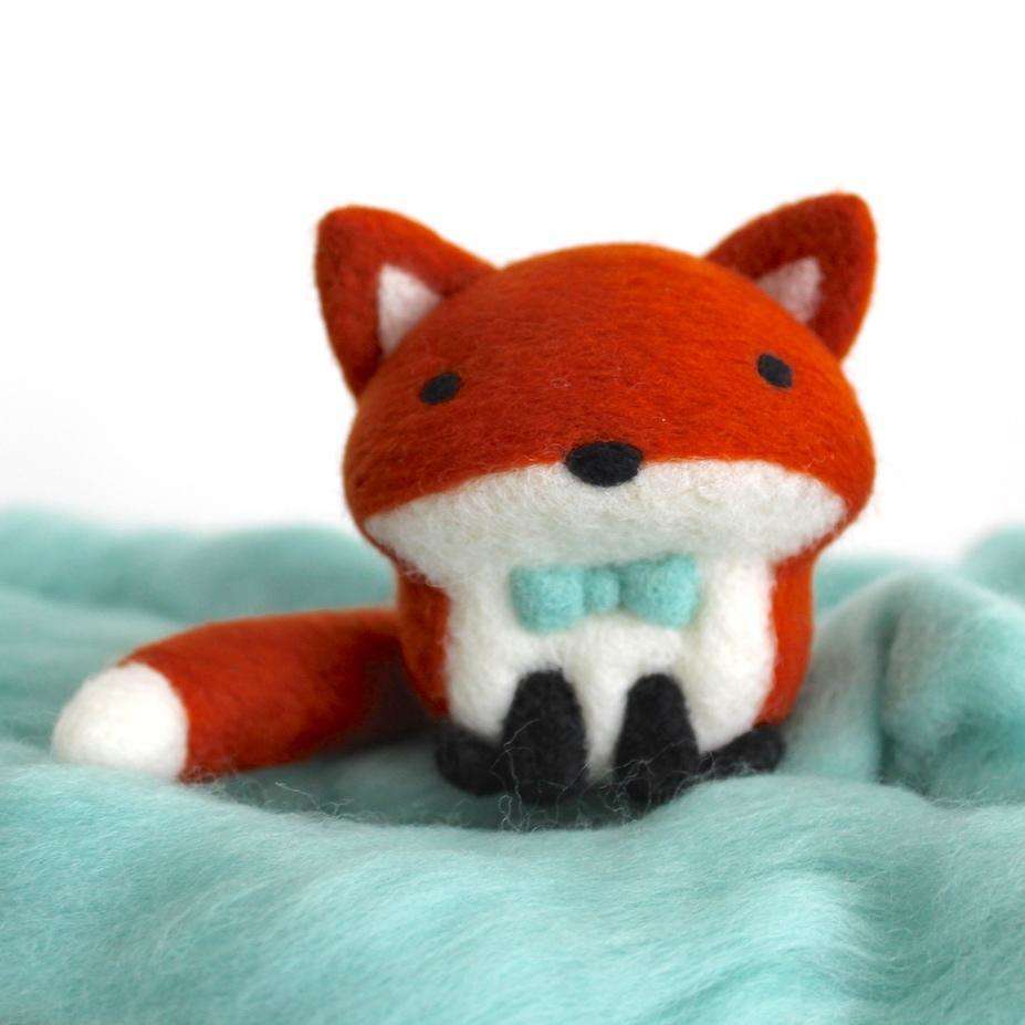 Needle Felted Fox w/ Aqua Bow Tie