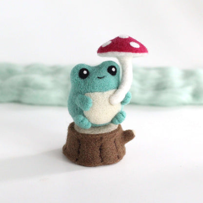 Needle Felted Frog Holding Mushroom Umbrella by Wild Whimsy Woolies