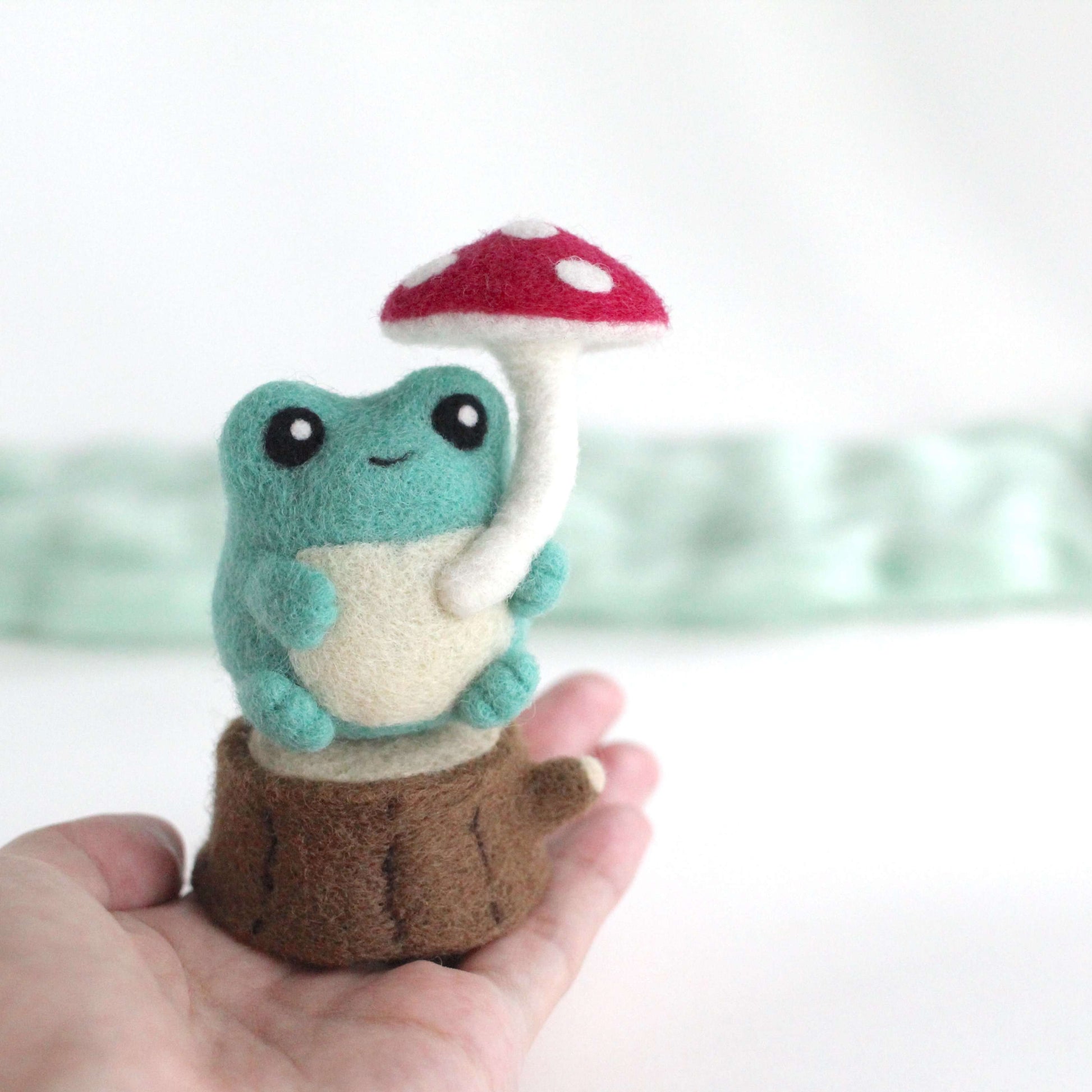 Needle Felted Frog Holding Mushroom Umbrella by Wild Whimsy Woolies