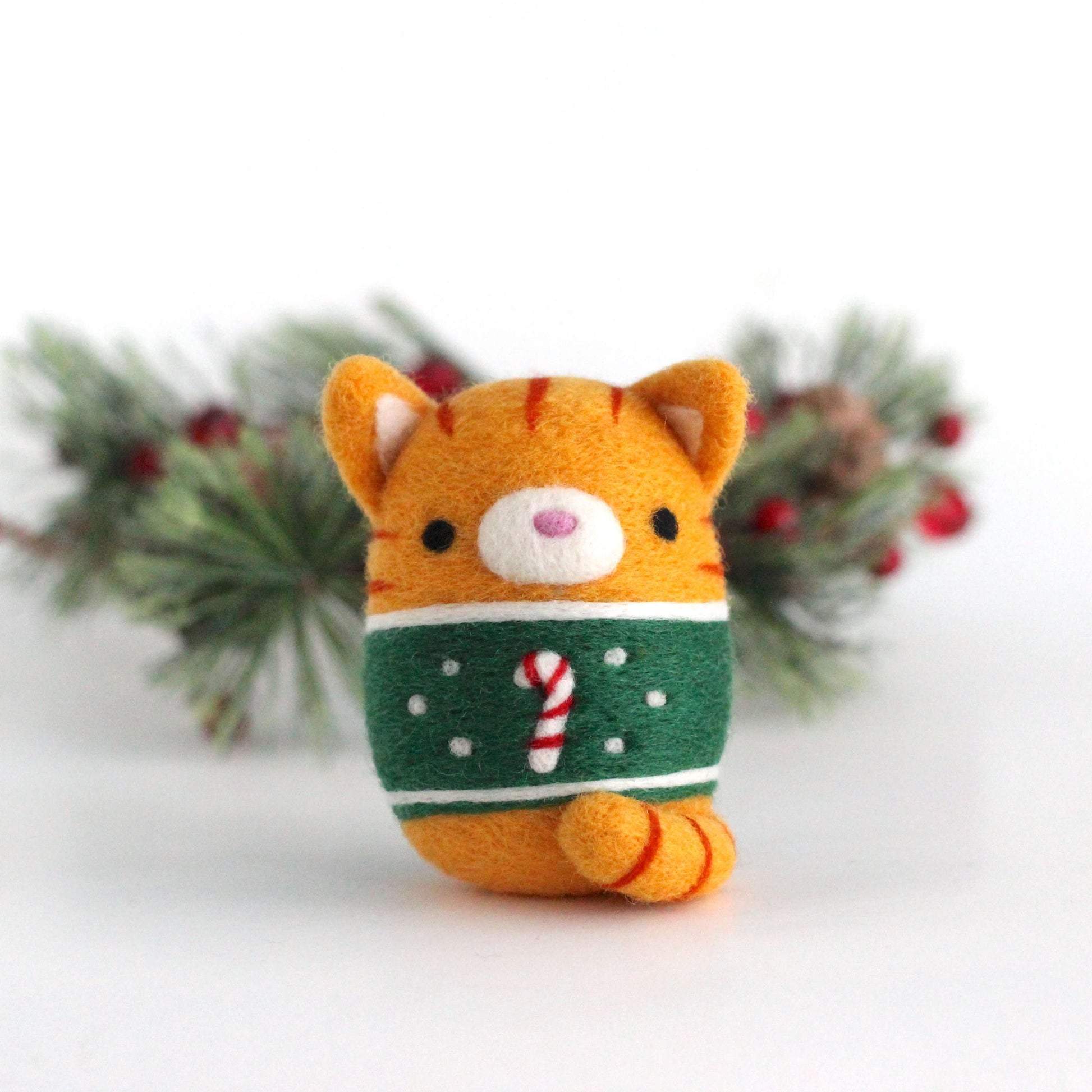 Needle Felted Ginger Tabby Cat in Candy Cane Christmas Sweater
