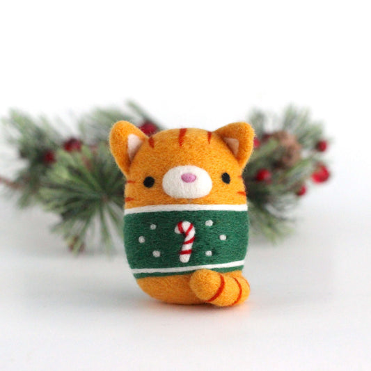 Needle Felted Ginger Tabby Cat in Candy Cane Christmas Sweater by Wild Whimsy Woolies