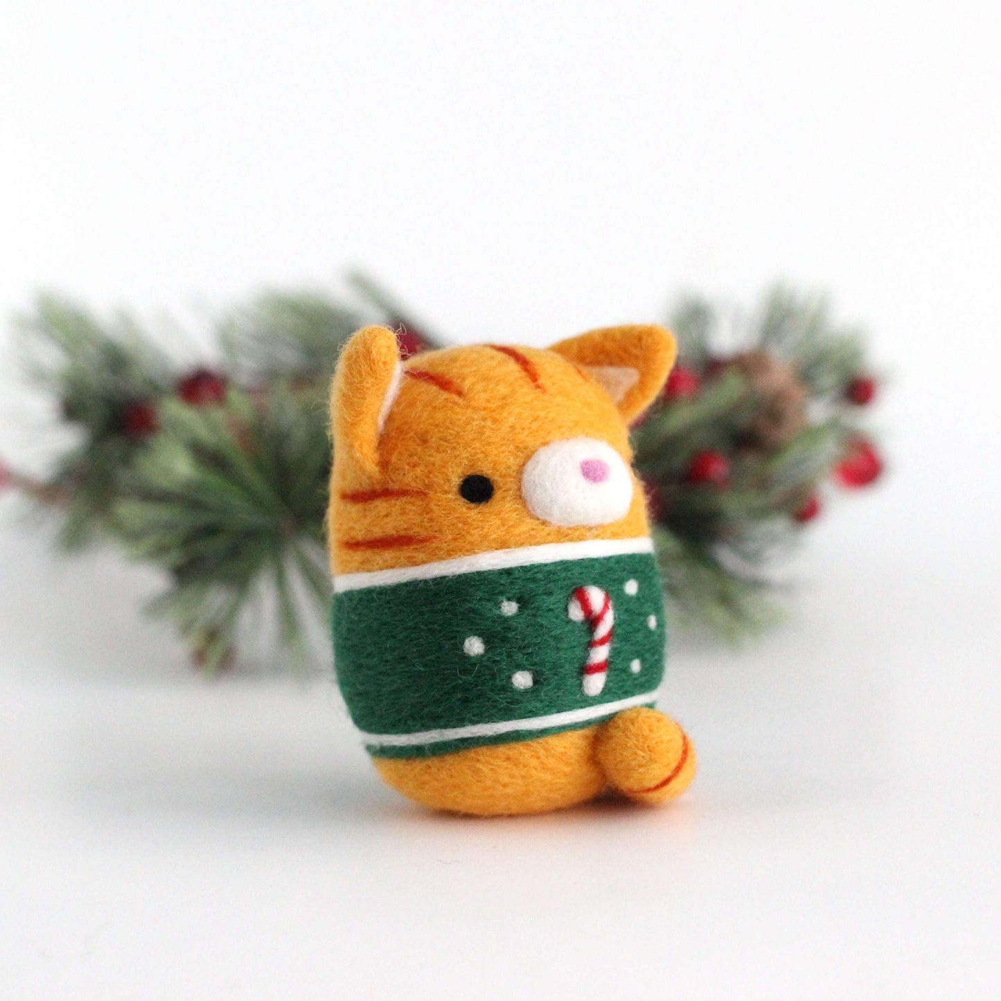 Needle Felted Ginger Tabby Cat in Candy Cane Christmas Sweater