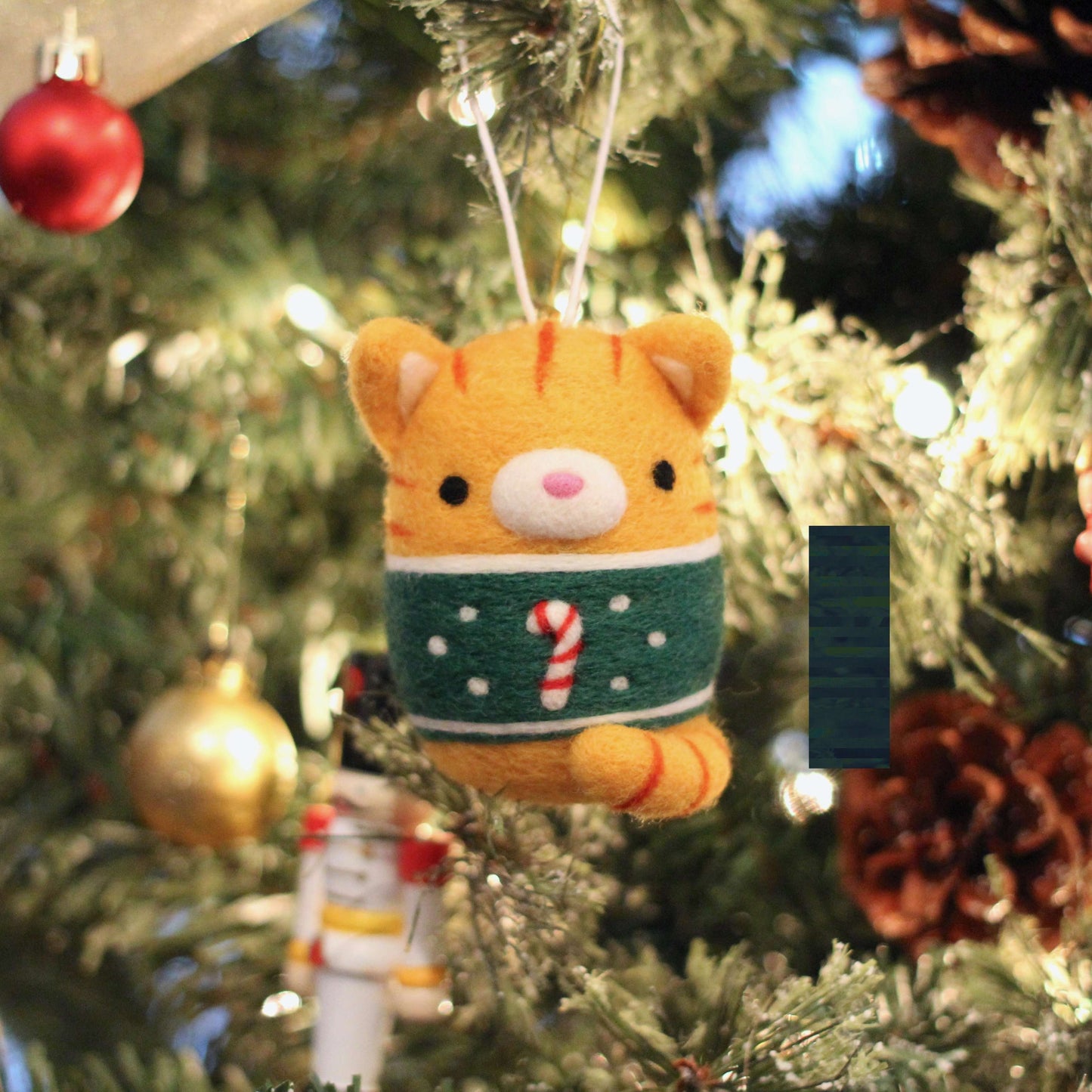 Needle Felted Ginger Tabby Cat in Candy Cane Christmas Sweater