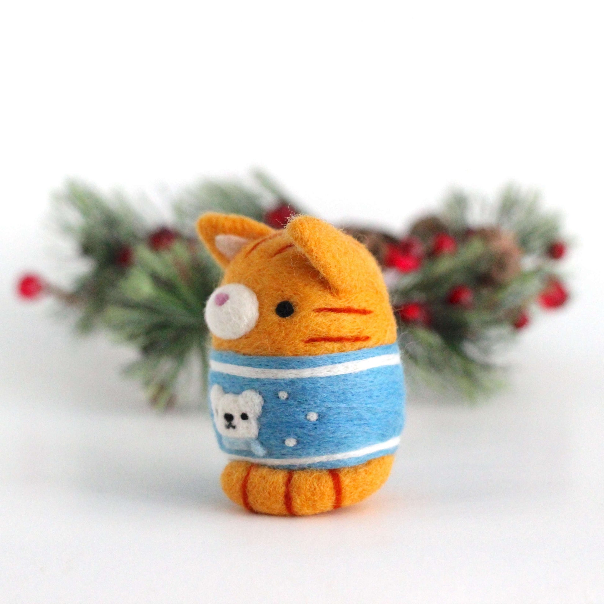 Needle Felted Ginger Tabby Cat in Polar Bear Christmas Sweater by Wild Whimsy Woolies