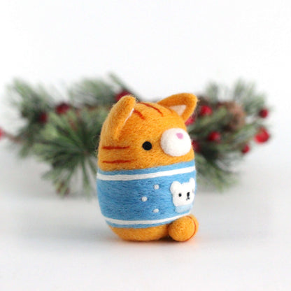 Needle Felted Ginger Tabby Cat in Polar Bear Christmas Sweater by Wild Whimsy Woolies