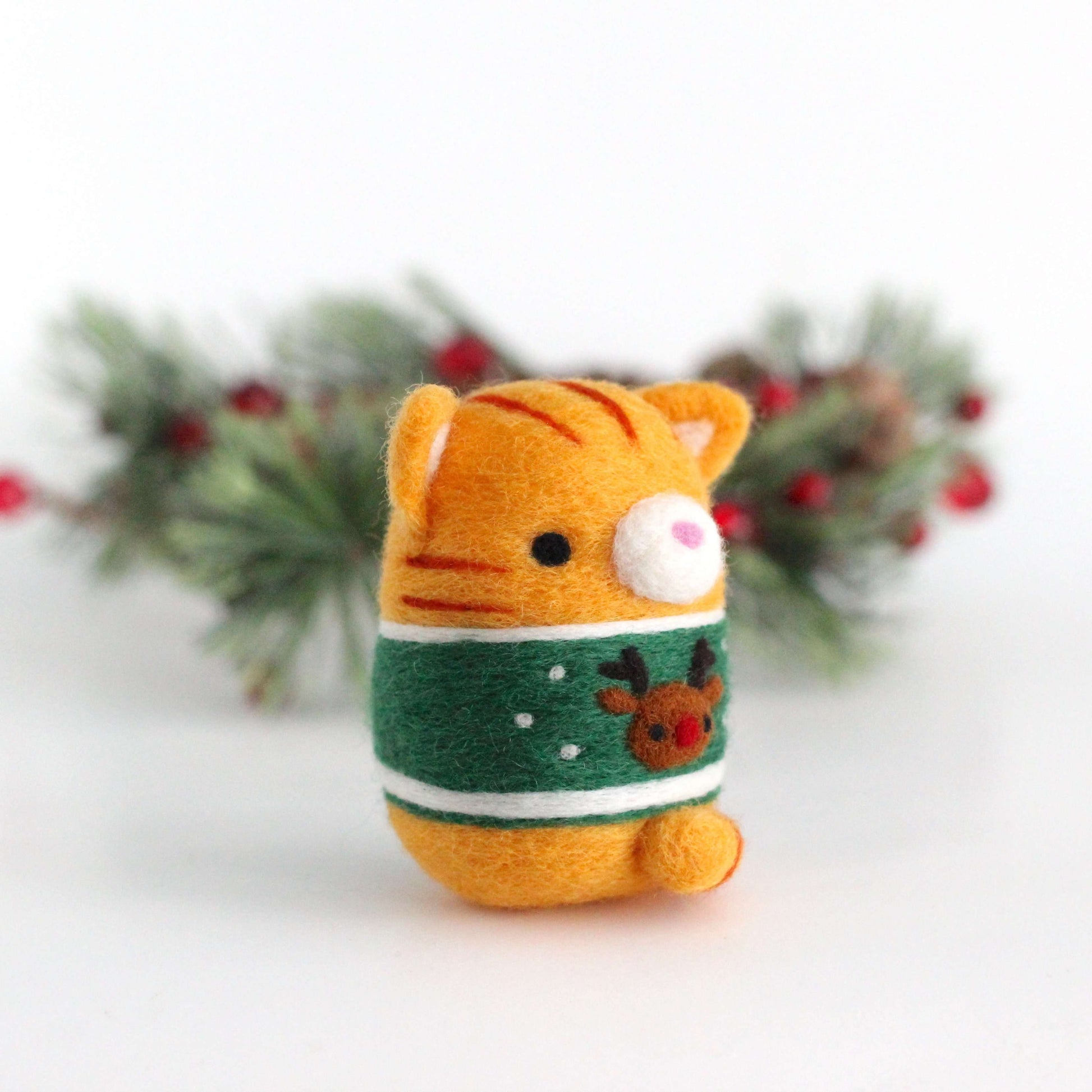 Needle Felted Ginger Tabby Cat in Reindeer Christmas Sweater by Wild Whimsy Woolies