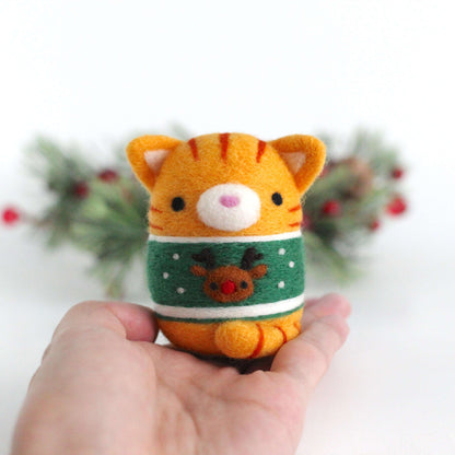 Needle Felted Ginger Tabby Cat in Reindeer Christmas Sweater by Wild Whimsy Woolies