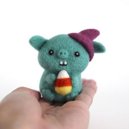 Needle Felted Goblin holding Candy Corn by Wild Whimsy Woolies